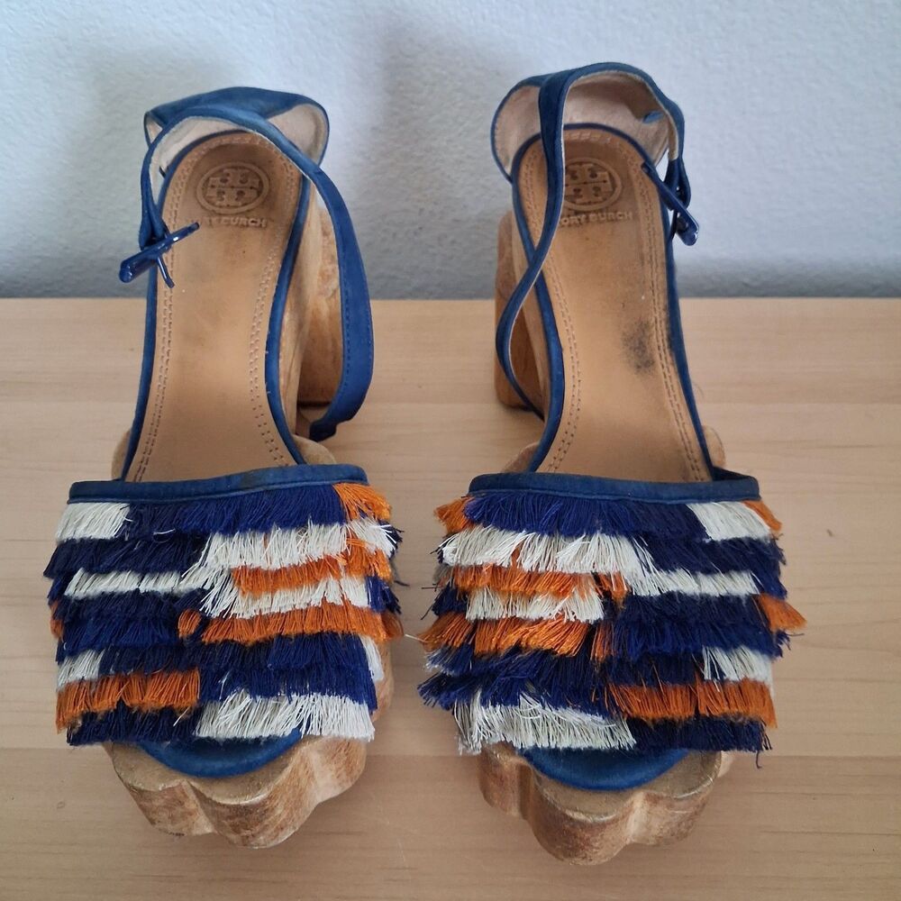 Tory Burch Fringe Platform Sandals Blue Suede SZ 8M Chunky Wood Buckle Strap - Picture 4 of 8